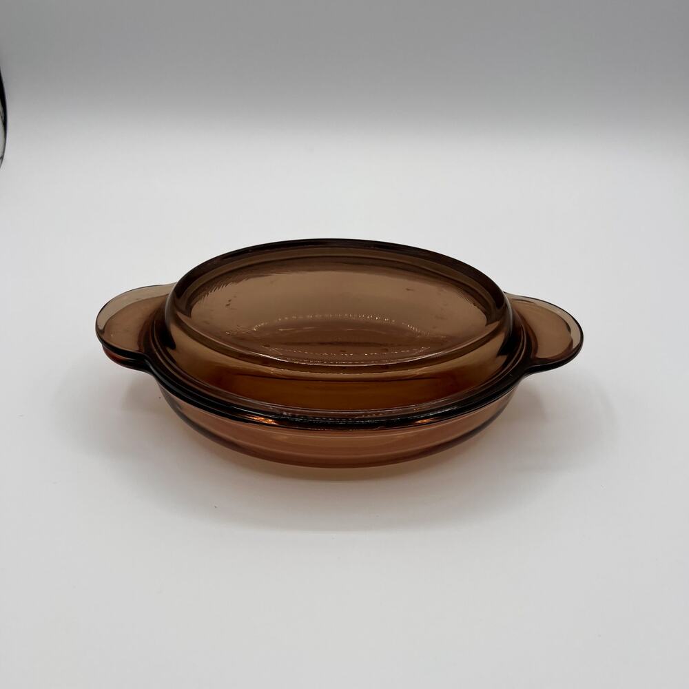 CORNING VISION Vtg Amber Glass Oval Casserette Dish with Lid  Grab-it V-14-B
